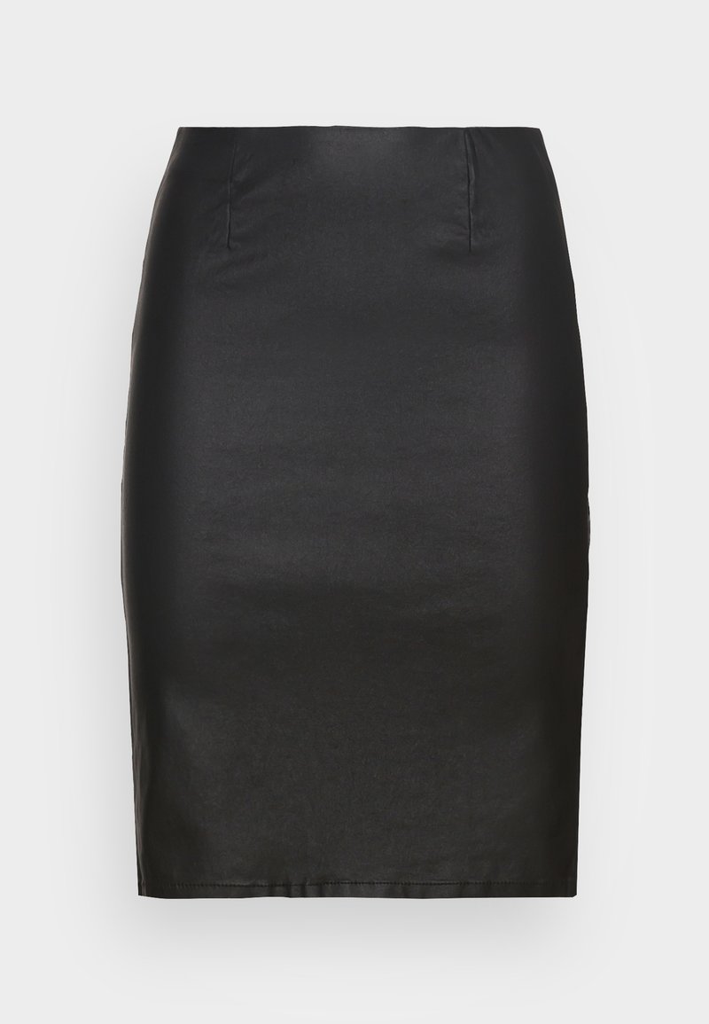 Zwarte pencilrok van gladde stof, met een middenlange uitvoering, gestructureerde silhoeët en minimale details. Geen zichtbare sluitingen.