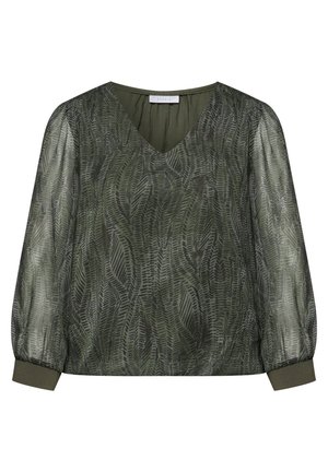 Doorzichtige olijfgroene blouse met abstract zwart bladerenpatroon, V-halslijn, lange pofmouwen en aangesloten manchetten.