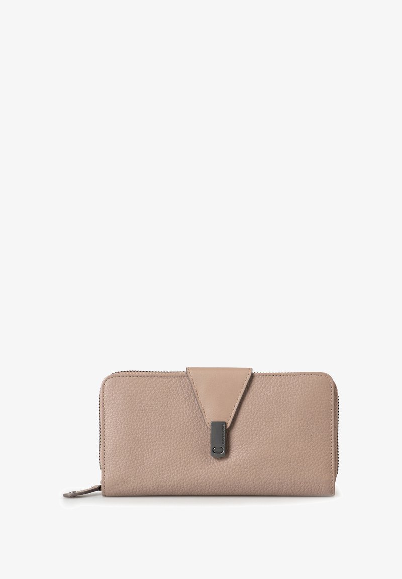 Beige leather wallet with pebble texture, zip-around closure, and a triangular flap accent. Features minimalistic design and contrast stitching.