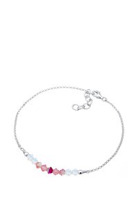 Sølv kædearmbånd med multikolorede krystalperler i nuancer af pink og klar, med klo-lås og justerbar længde.
