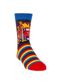 Socke mit roten, gelben, blauen und schwarzen Streifen, mit einem roten Feuerwehrauto und Flammen am Knöchel sowie einem blauen Bündchen.