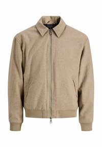 Chaqueta bomber marrón de mezcla de lana con cierre de cremallera en el frontal, dos bolsillos laterales, puños y cuello de canalé, con un acabado de tejido texturizado.