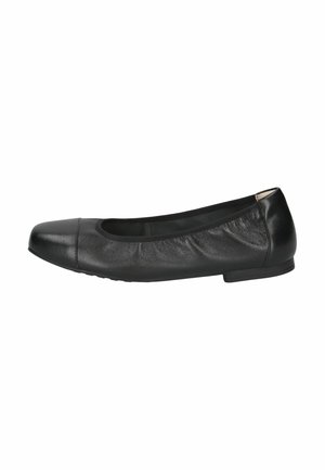 Ballerine en cuir noir avec un bout arrondi et des bords élastiqués pour le confort. Design minimaliste avec une semelle flexible et une texture lisse.