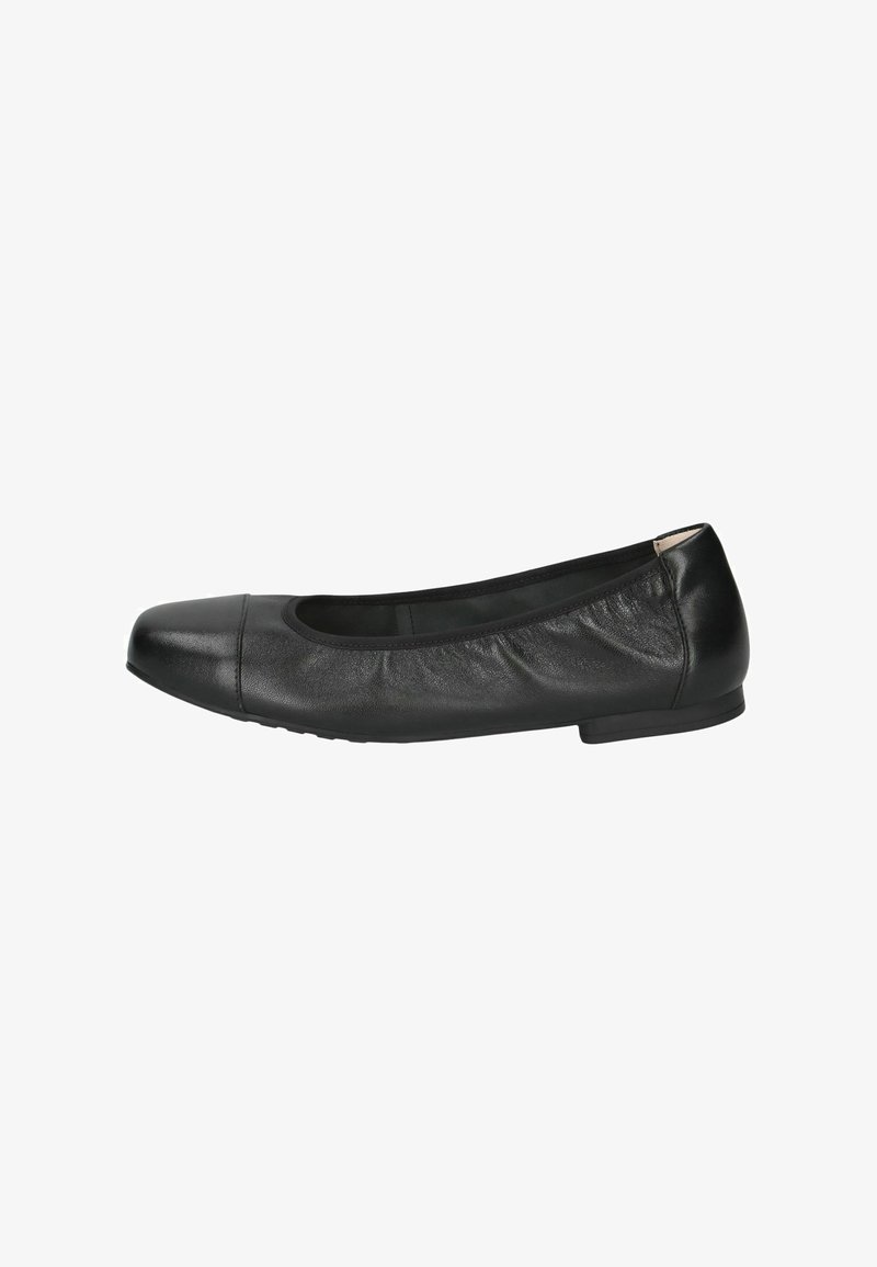 Ballerine en cuir noir avec un bout arrondi et des bords élastiqués pour le confort. Design minimaliste avec une semelle flexible et une texture lisse.