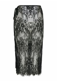 Jupe en dentelle noire avec des motifs floraux complexes, une silhouette ajustée et une fermeture à nouer sur le côté pour un ajustement modulable.