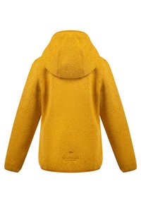 Gul fleecejacka med huva, texturerad tyg och rundad nederkant. Inkluderar en subtil broderad logotyp på nederkanten.