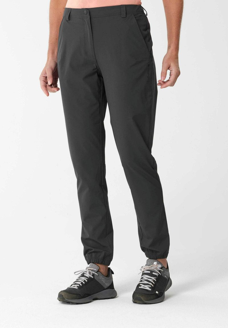 Pantalones ligeros negros con puños elásticos, dos bolsillos laterales y cierre de cremallera, hechos de una tela suave y transpirable.