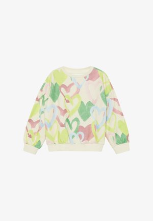 Crewneck trui met pastelgekleurde hartpatronen in groen, roze en blauw op een crèmekleurige achtergrond, voorzien van lange mouwen en geribbelde boorden.