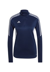 Marineblauwe sportieve pullover met een halve rits, voorzien van witte zijpanelen en drie witte strepen op elke arm. Gemaakt van gestructureerde stof.