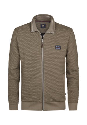 Braune Zip-Up-Jacke mit einem Wabenmuster, kontrastierendem Kragen und Logopatch. Verfügt über seitliche Taschen sowie gerippte Bündchen und Saum.