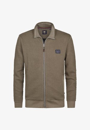 Bruine zip-up jas met een honingraatstructuur, contrasterende kraag en logopatch. Voorzien van zijzakken en ribbelboorden en -zoom.