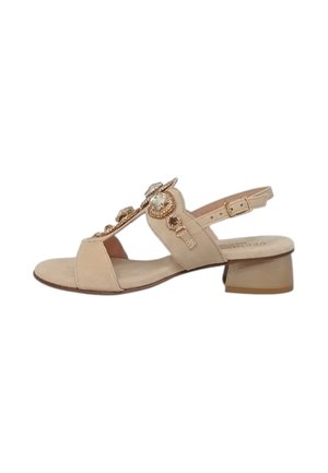 Sandalo beige con punta aperta, tacco basso a blocchetto, cinturino regolabile alla caviglia e decorazioni in oro e cristallo sulla fascia superiore.