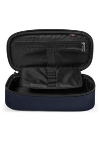 Navy zippered case with a black interior. Features a zip pocket and elastic bands for organization. Durable fabric with a smooth texture.