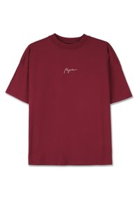 Burgundijas krāsas kokvilnas t-krekls ar īsām piedurknēm un apaļu kakla izgriezumu. Piedāvā nelielu baltu grafisku tekstu uz krūtīm. Vienkāršs dizains, brīva piegriezuma.