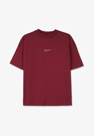 T-shirt in cotone borgogna con maniche corte e collo rotondo. Presenta una piccola scritta grafica bianca sul petto. Design semplice, vestibilità rilassata.