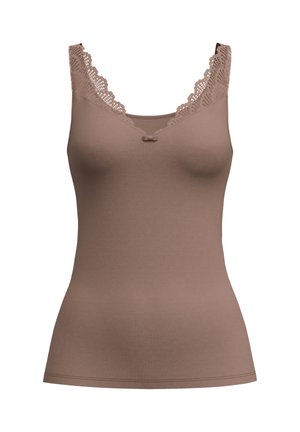Brauner Tanktop mit Spitze an den Schultern, einem V-Ausschnitt und einem kleinen Schleifendetail in der Mitte. Glatter Stoff mit enganliegendem Schnitt.
