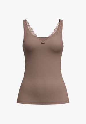 Bruine tanktop met kantaccenten op de schouders, een v-hals en een klein strikdetail in het midden. Gladde stof met een getailleerd ontwerp.