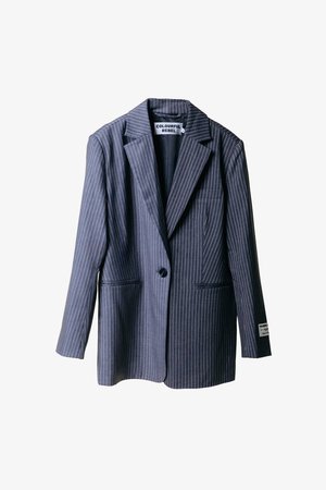 Navy pinstriped blazer with a single button closure, notched lapels, two front pockets, and a prominent brand label inside.