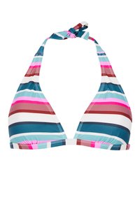 Trikampis bikini viršus su horizontaliomis juostelėmis mėlynai žalia, rožinė, balta, rudai ir tamsiai mėlyna spalvomis. Susiriša kaklo srityje, o apačioje yra raukinys.