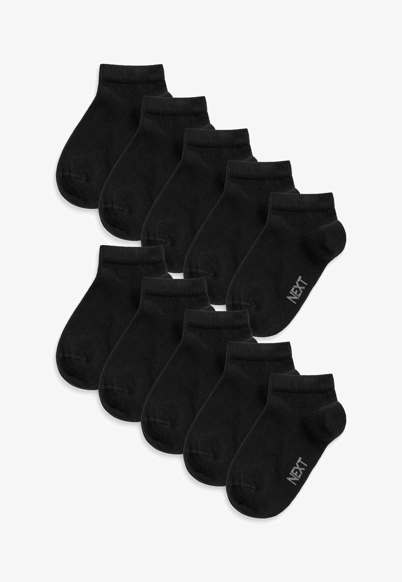 Czarne skarpetki do kostek, pakowane po dziesięć, wykonane z miękkiego materiału z ściągaczami. Każda skarpetka ma małe logo po boku.