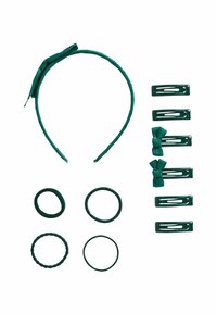 L'ensemble d'accessoires pour cheveux teal comprend un bandeau avec un nœud en tissu, six barrettes et quatre élastiques de textures et de formes variées.