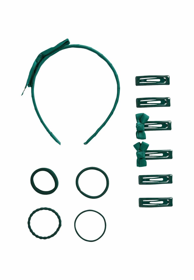 L'ensemble d'accessoires pour cheveux teal comprend un bandeau avec un nœud en tissu, six barrettes et quatre élastiques de textures et de formes variées.
