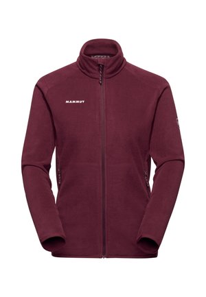 Bordeauxfarbene Fleecejacke mit hohem Kragen. Verfügt über seitliche Reißverschlusstaschen und ein Logo auf der Brust. Weiches Material und gerader Schnitt.