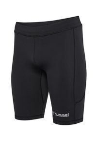 Svarta träningsshorts tillverkade av ett slätt, stretchigt material. Har förstärkta sömmar och en vit logotyp på nedre vänstra sidan.