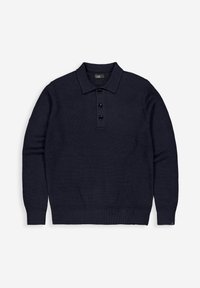 Marineblaues gestricktes Polo-Sweatshirt mit drei schwarzen Knöpfen, gerippter Textur, langen Ärmeln und klassischem Kragen.
