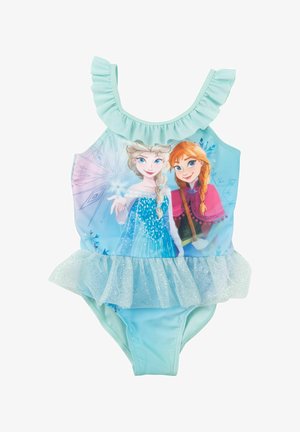 Hellblauer Bikini mit Rüschenausschnitt und glitzerendem Tüllrock, der auf der Vorderseite bedruckte Figuren zeigt. Weicher Stoff, elastisches Material.