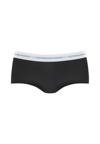 Black cotton briefs with a white elastic waistband featuring "COPENHAGEN STUDIOS" in gray print. Smooth texture and classic design.