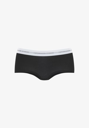Čierne bavlnené slipy s bielym elastickým pásom s nápisom "COPENHAGEN STUDIOS" v sivej farbe. Hladká textúra a klasický dizajn.