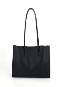 Black tote bag made of smooth leather, with twin elongated handles and a structured rectangular shape. Clean design, no visible hardware or patterns.