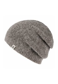 Gray slouch beanie made of soft, textured wool, featuring a folded design and a small fabric tag on the side.