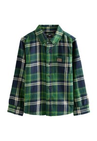 Zeleno-navy kostkovaná flanelová košile, dlouhé rukávy, knoflíkový design, jedna náprsní kapsa s logem, tradiční límec, měkká textura.