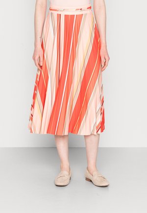 Faltender Midirock mit diagonalen Streifen in Rot, Pfirsich und Beige. Leichter Stoff und elastischer Bund für einen bequemen Sitz.