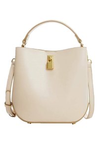 Borsa in pelle beige con chiusura a lucchetto dorato, manico superiore e tracolla regolabile su sfondo bianco.