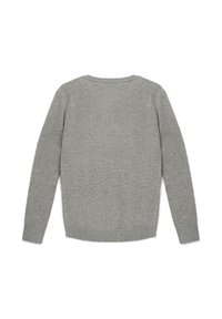 Maglione grigio lavorato a maglia con scollatura rotonda, maniche lunghe e una texture liscia. Presenta un orlo che curva leggermente sul fondo.