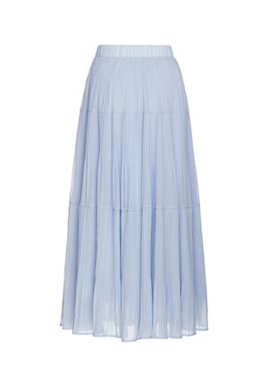 Gonna midi plissettata azzurro chiaro con ampia fascia elastica in vita e pannelli di tessuto a più livelli su sfondo bianco.