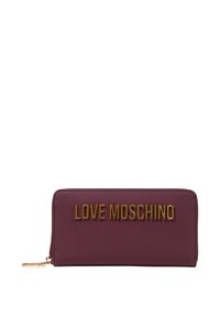 Portafoglio in similpelle bordeaux con logo "LOVE MOSCHINO" impresso in hardware dorato. Design rettangolare slim con chiusura a zip.