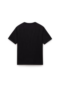 Zwarte katoenen t-shirt met korte mouwen, ronde hals en een gladde textuur. De achterkant heeft een strak ontwerp zonder graphics of extra details.