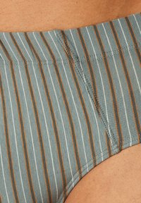 Slip bikini a righe in grigio, con sottili strisce bianche e arancioni. Realizzato in tessuto morbido, con una vita senza cuciture e una texture morbida.