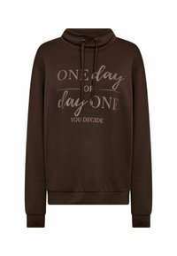 Brown pullover sweatshirt with a cowl neck, drawstring accents, and printed text stating "One day or day one, YOU DECIDE." Soft fabric texture.