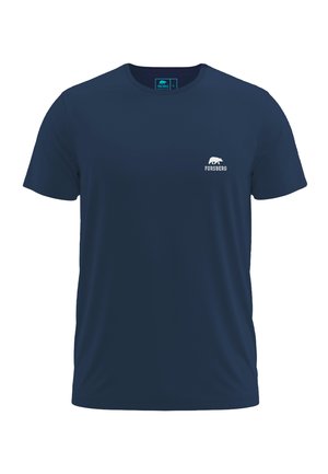Navy blue short-sleeve t-shirt in a lightweight fabric, featuring a small white logo on the left chest area. Simple crew neckline.