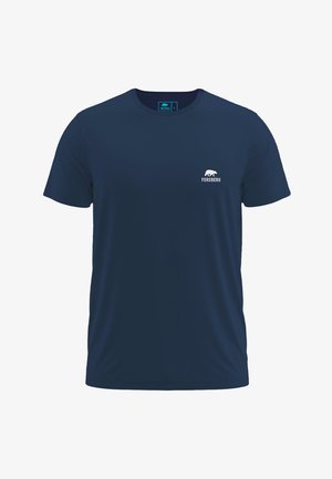 Navy blauwe t-shirt met korte mouwen van een lichtgewicht stof, met een klein wit logo op de linkerborst. Eenvoudige ronde hals.