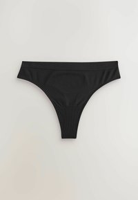 Mustad musta tanga aluspesu sujuva kangaga, laia vöökoha ja minimalistliku disainiga; nähtavaid mustreid ega riistvara detaile pole.
