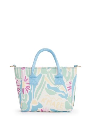 Piccola borsa tote con manici azzurro pastello e motivo floreale astratto multicolore su sfondo bianco.