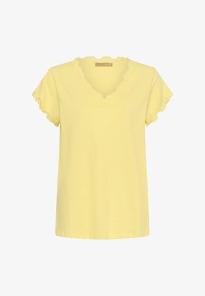 Top amarillo de manga corta con escote en V y borde de encaje festoneado en el escote y los bordes de las mangas, tejido liso, estilo informal.