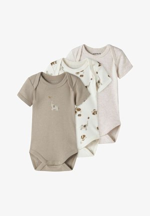 Trois bodies à manches courtes en beige, blanc avec imprimés animaliers et rose pâle. Tissu en coton doux avec des fermetures à pression au bas.