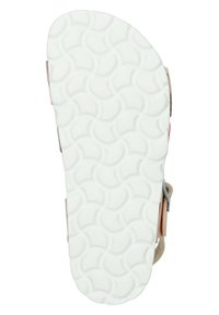 Suela de sandalia de goma blanca con un patrón circular texturizado. Presenta una forma redondeada y hardware lateral para correas ajustables.